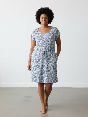 Talbots 100% Cotton T Shirt Dress Drawstring Waist Size 3X Floral Sand Dollar